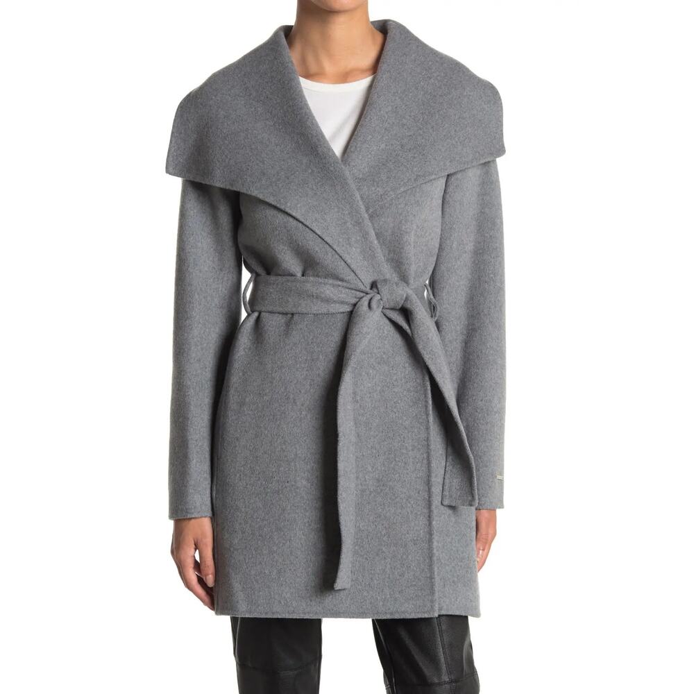 New Tahari Ella Double Face Wool Blend Belted Coat in Ash Grey Women's Size L